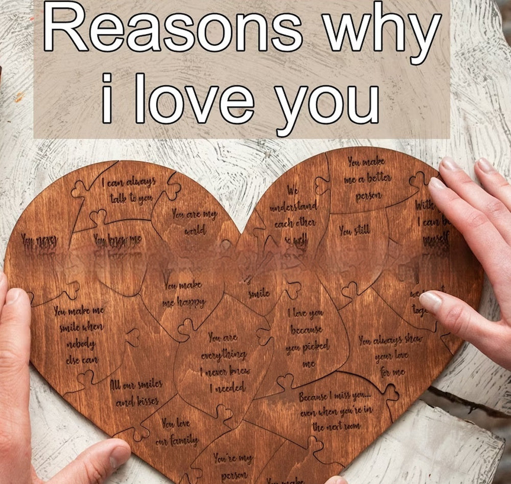Herzförmiges Holzpuzzle mit Gravur – 20 Gründe, warum ich dich liebe