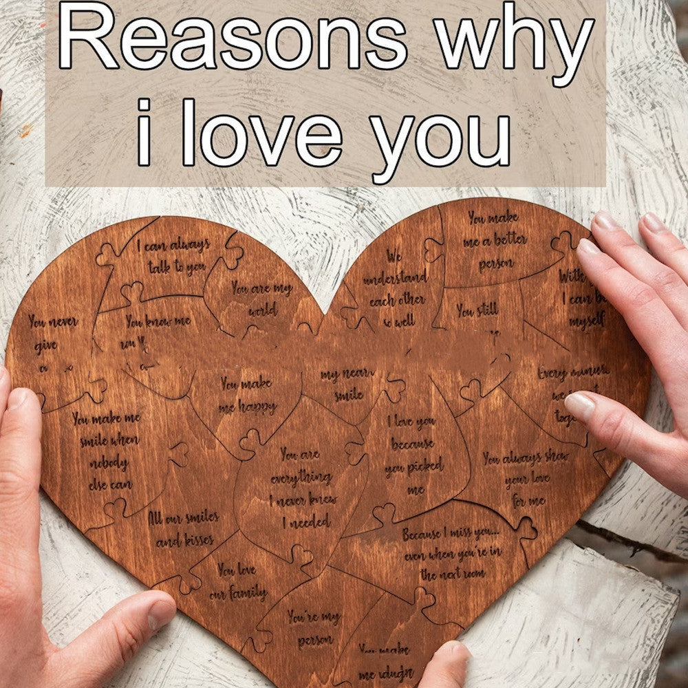 Herzförmiges Holzpuzzle mit Gravur – 20 Gründe, warum ich dich liebe