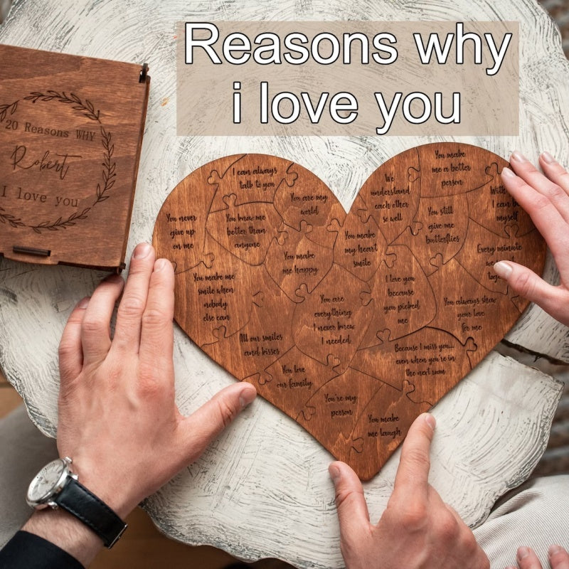 Herzförmiges Holzpuzzle mit Gravur – 20 Gründe, warum ich dich liebe